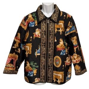 Victor Costa Occasion L Black Fancy Dogs‎ Quilted Jacket 100% Silk Full Zip
